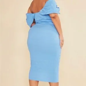 PrettyLittleThing Dresses Plus Size Blue Textured Bardot Midi